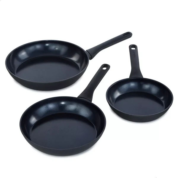 3Pc Nonstick Ceramic Frying Pan Set, Recycled Aluminum, Black
